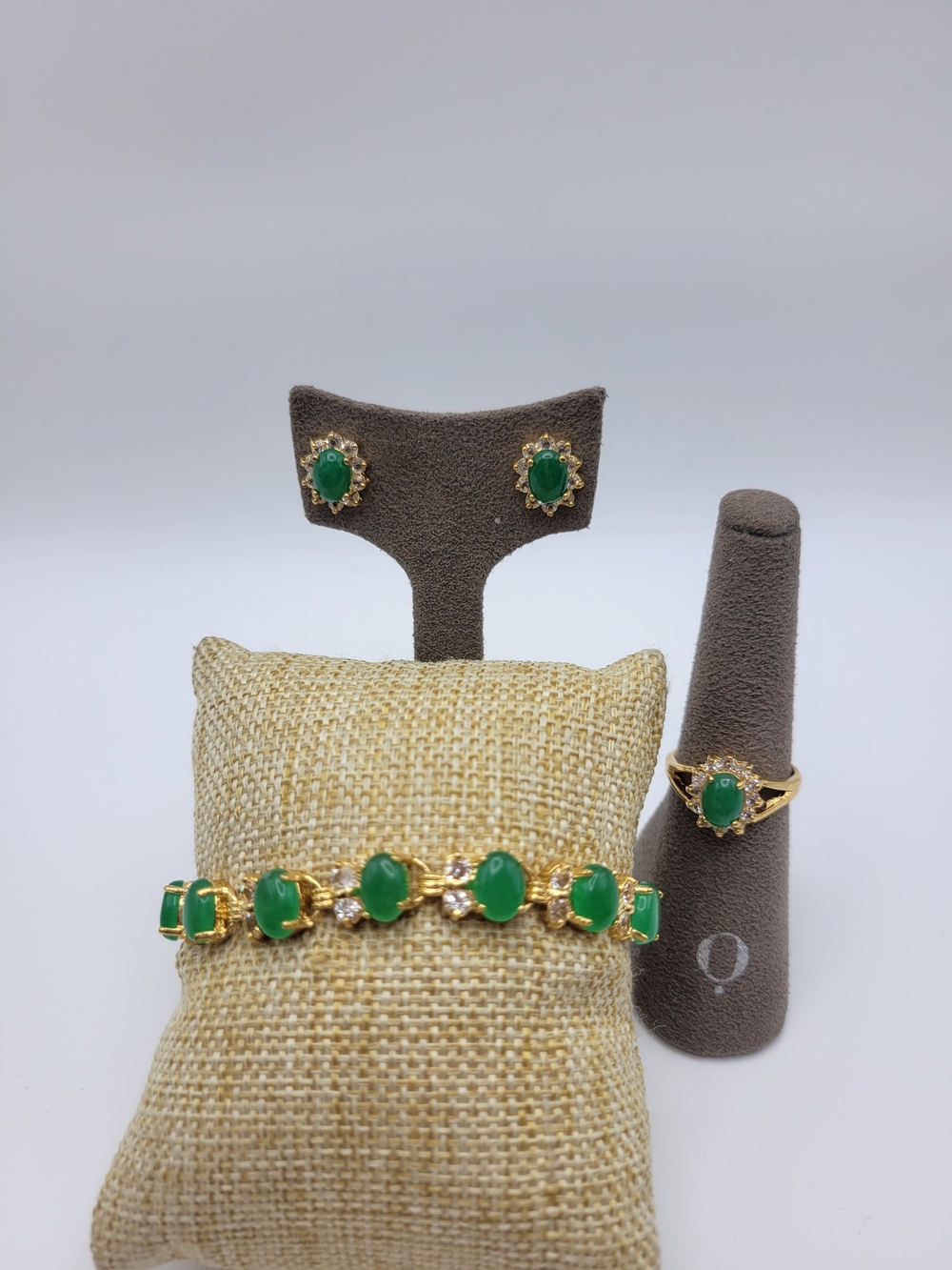 Gold-Plated Green Stone Jewelry Set - Earrings, Bracelet & Ring